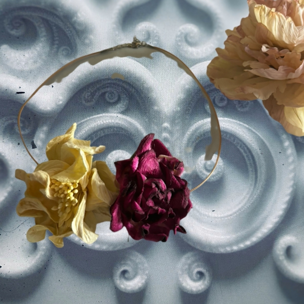 Hand Crafted Yellow and Burgundy Floral Headpiece Necklace